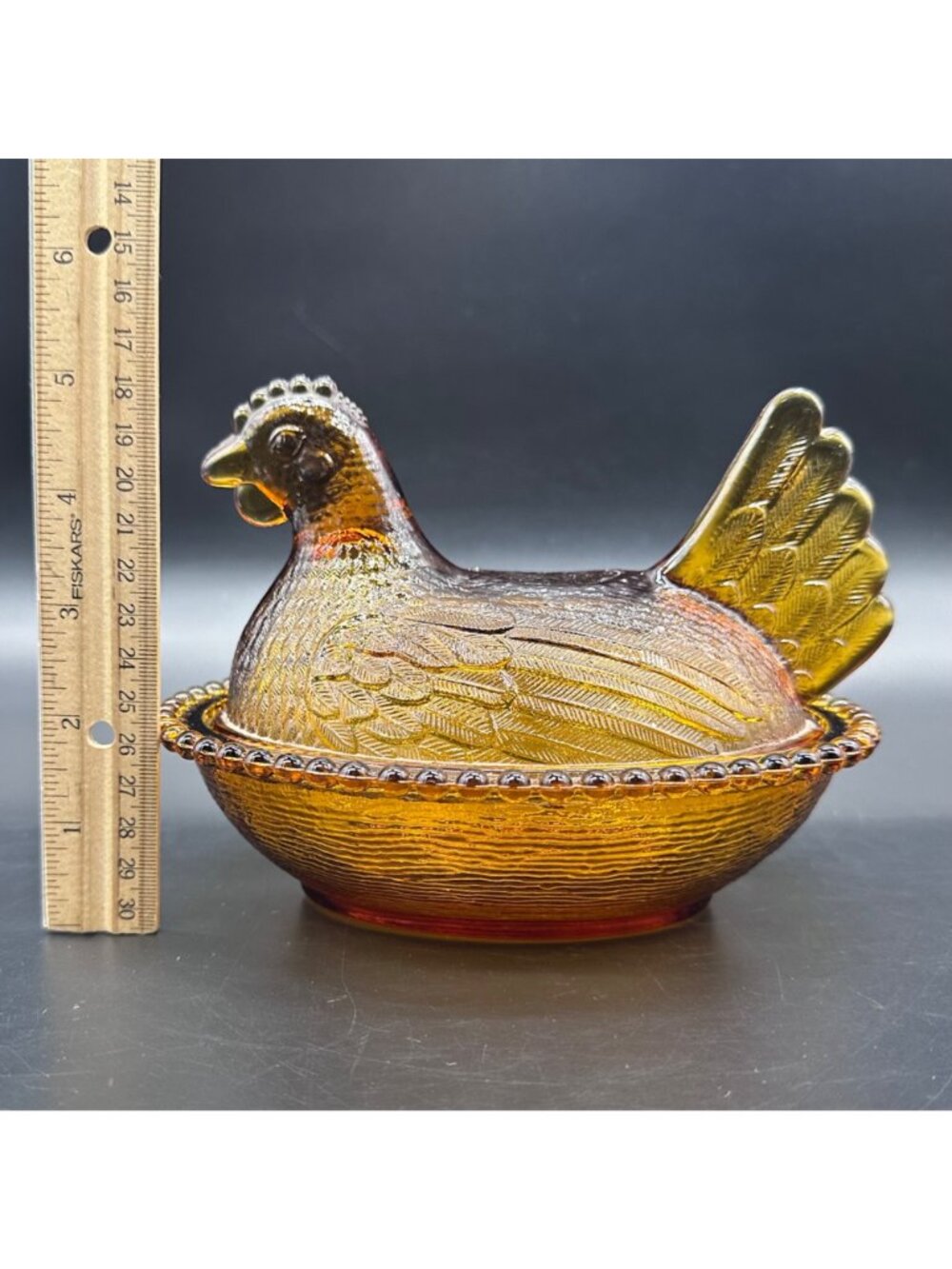 Vintage Indiana Glass Hen On A Nest Amber Candy Dish 1970s Chicken Farm HON - Picture 10 of 12